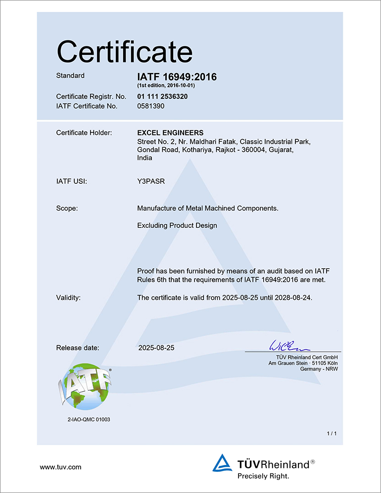 Certificate IATF 16949:2016, Manufacture of Metal Machined Components. Excluding Product Design Proof has been furnished by means of an audit based on IATF Rules 6th that the requirements of IATF 16949:2016 are met.